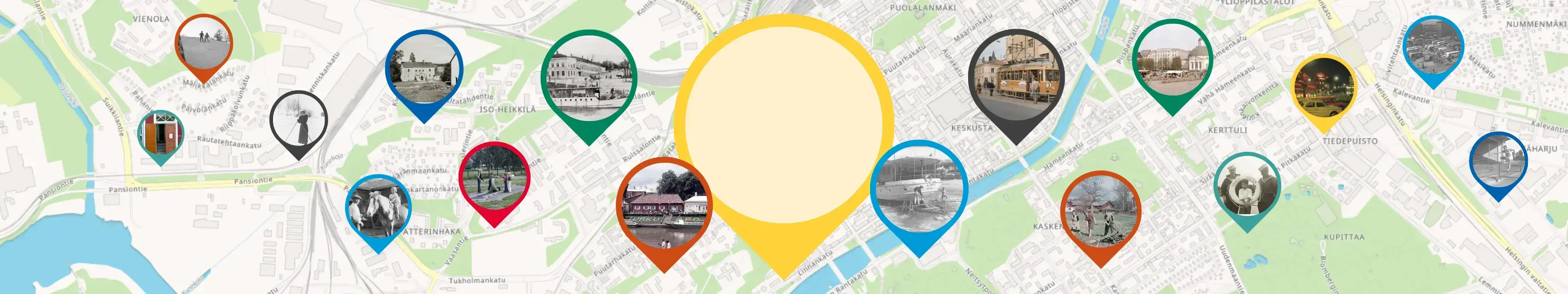 Pieniä vanhoja valokuvia sijoitettuna Turun kartan päälle, mukana otsikko: Kerro muistosi.